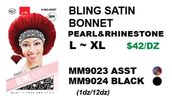 MM9023/MM9024 M&M BLING SATIN BONNET PEARL & RHINESTONE L~XL - ASSORTED/BLACK