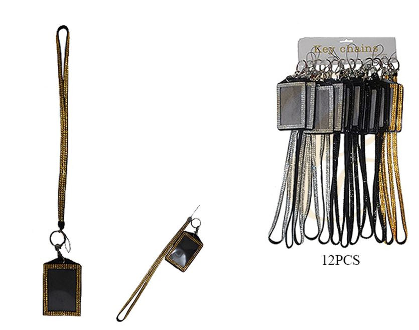 IDR024B BLACK RHINESTONE LANYARD ID CARD HOLDER WITH KEY CHAIN