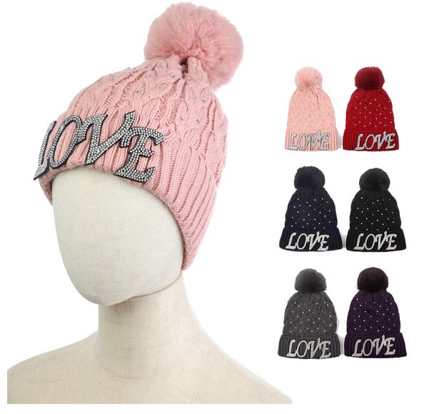 WH1164 WINTER LOVE RHINESTONE BEANIE HAT