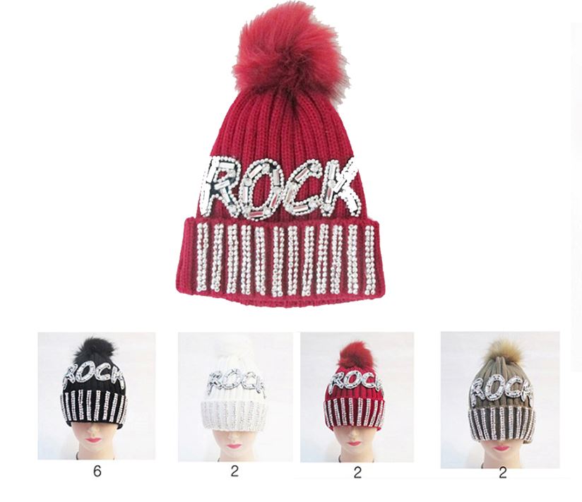 WH4482 WINTER ROCK BEANIE WITH RHINESTONE AND FUR POM DECOR