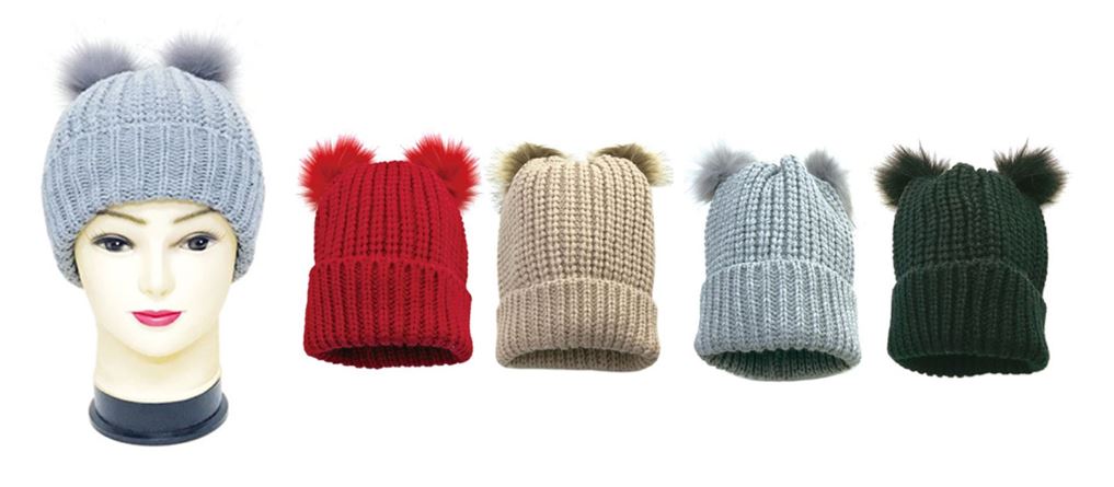 WH9292 ASSORT WINTER KNIT DOUBLE POMPOM