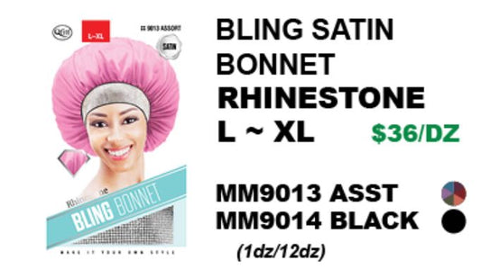 MM9013/MM9014 M&M BLING SATIN BONNET RHINESTONE L~XL - ASSORTED/BLACK