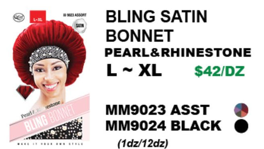 MM9023/MM9024 M&M BLING SATIN BONNET PEARL & RHINESTONE L~XL - ASSORTED/BLACK