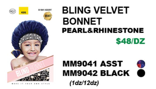 MM9041/MM9042 M&M BLING VELVET BONNET PEARL & RHINESTONE - ASSORTED/BLACK