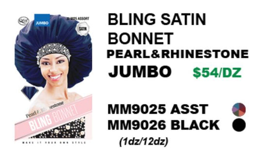 MM9025/MM9026 M&M BLING SATIN BONNET PEARL & RHINESTONE JUMBO 2COLORS