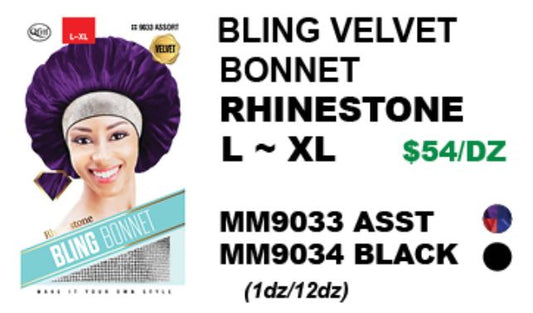 MM9033/MM9034 M&M BLING VELVET BONNET RHINESTONE L~XL - ASSORTED/BLACK