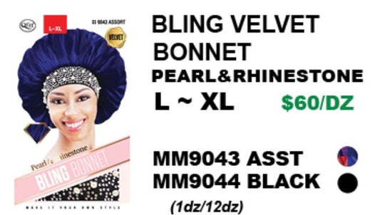 MM9043/MM9044 M&M BLING VELVET BONNET PEARL & RHINESTONE L~XL - ASSORTED/BLACK