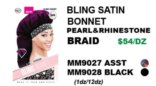 MM9027/MM9028 M&M BLING SATIN BONNET PEARL & RHINESTONE BRAID - ASSORTED/BLACK