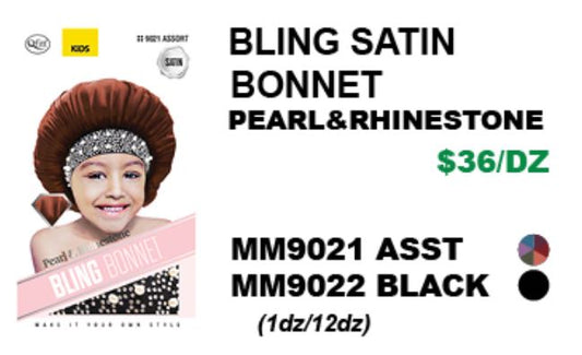 MM9021/MM9022 M&M BLING SATIN BONNET PEARL & RHINESTONE - ASSORTED/BLACK