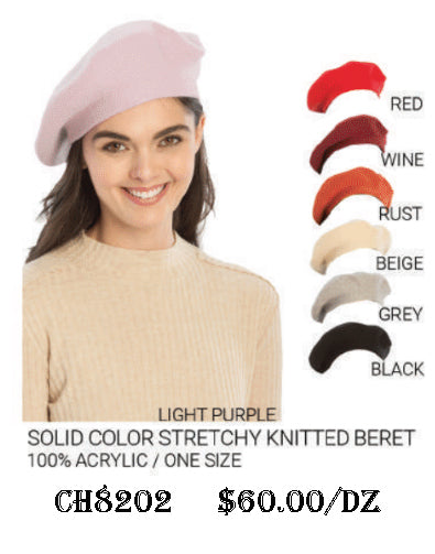 CH8202 DZ) SOLID COLOR STRETCHY KNITTED BERET